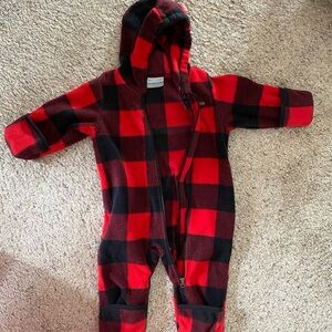 Columbia Red and Black Plaid Fleece Baby Bunting One Piece Foldover feet, hands